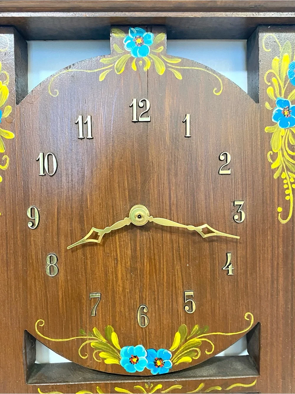 Hand-Painted Scandinavian Wooden Wall Clock with Blue Floral Design